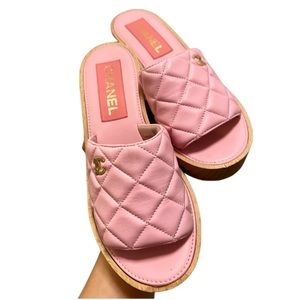 CHANEL Lambskin Quilted CC Slip On Platforms
